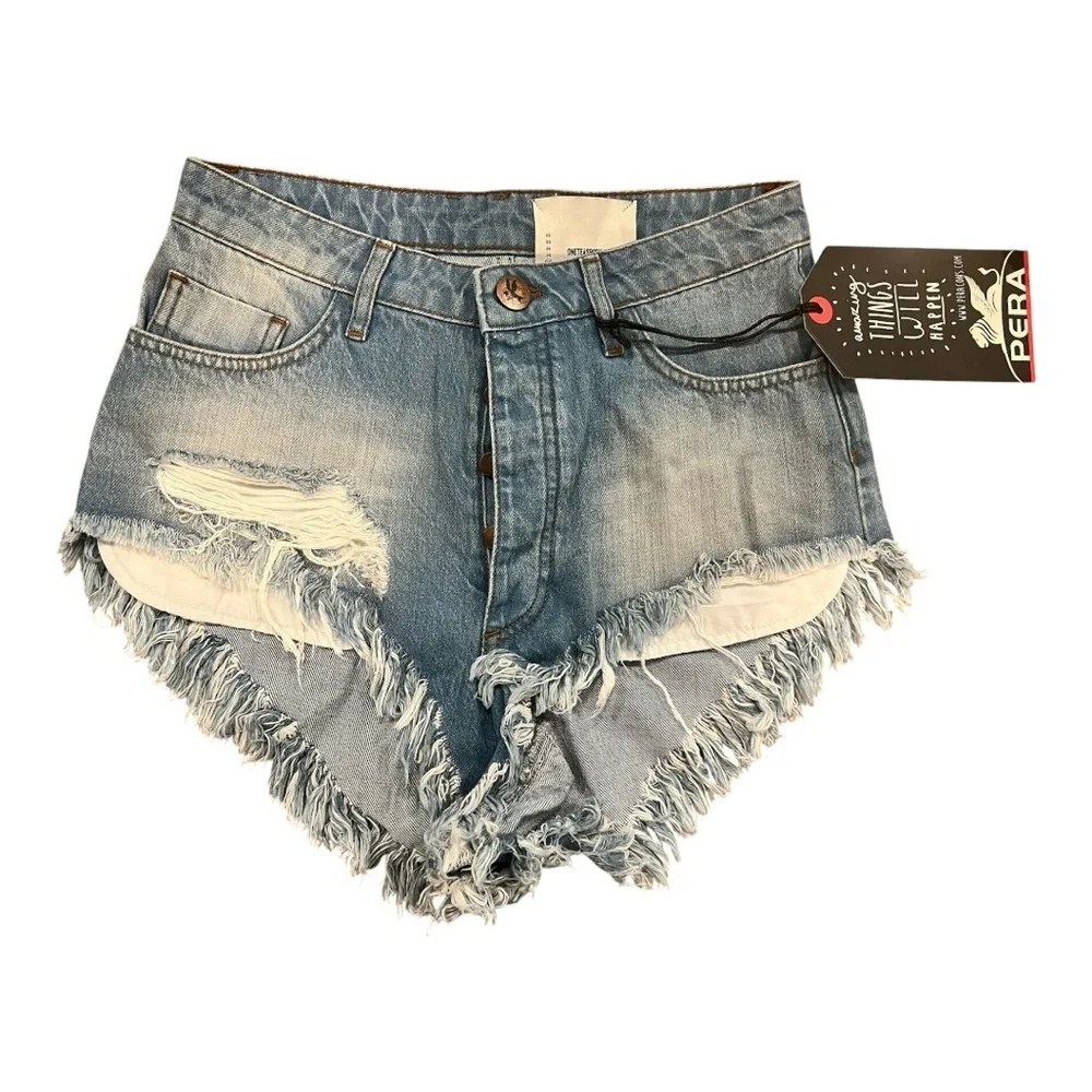 ONE TEASPOON Rollers Denim Short in Atlantis Size 26 NWT Low waist fringe hem